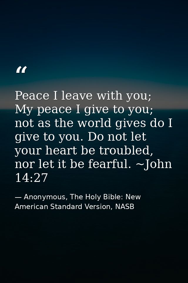 Peace I leave with you; My peace I give to you; not as the world gives do I give to you. Do not let your heart be troubl — Anonymous, The Holy Bible: New American Standard Version, NASB