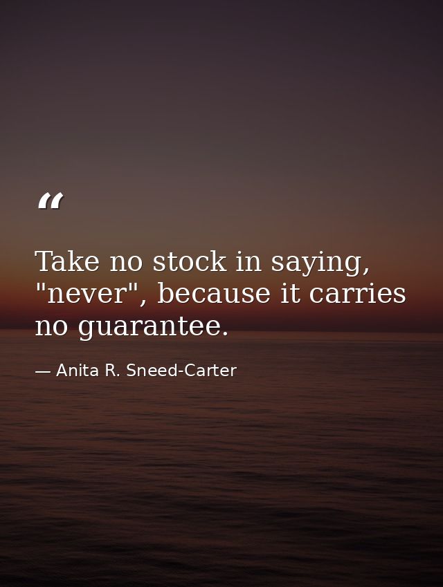 Take no stock in saying, "never", because it carries no guarantee. — Anita R. Sneed-Carter