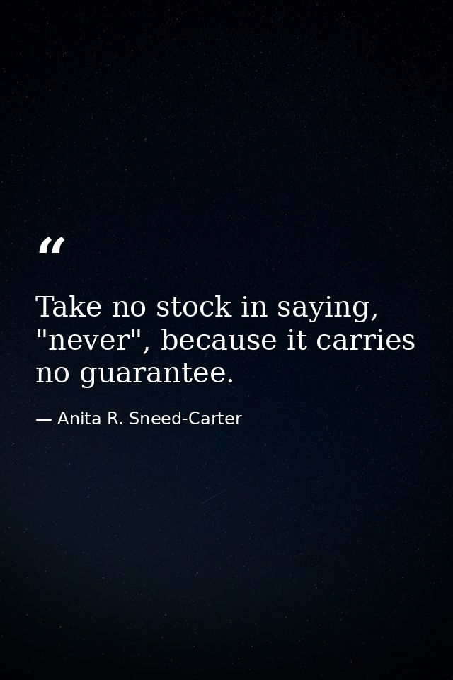 Take no stock in saying, "never", because it carries no guarantee. — Anita R. Sneed-Carter