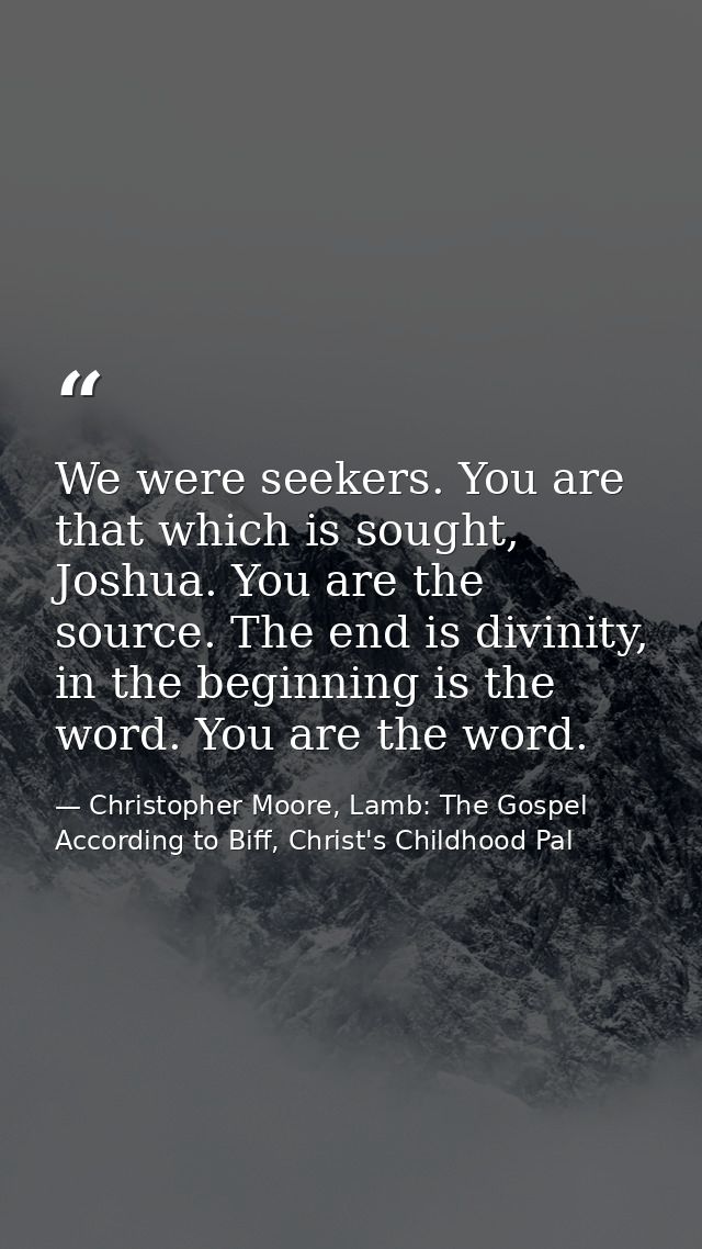 We were seekers. You are that which is sought, Joshua. You are the source. The end is divinity, in the beginning is the  — Christopher Moore, Lamb: The Gospel According to Biff, Christ's Childhood Pal