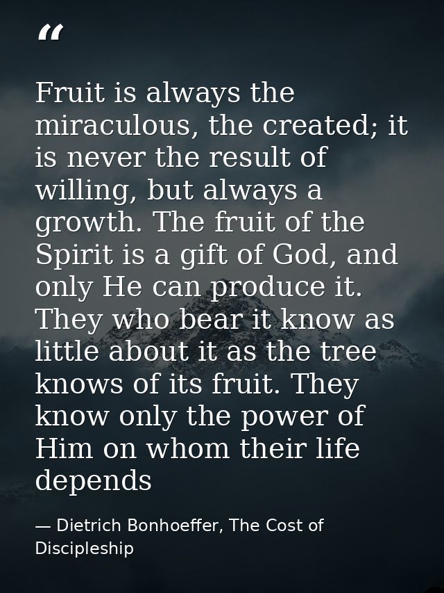 Fruit is always the miraculous, the created; it is never the result of willing, but always a growth. The fruit of the Sp — Dietrich Bonhoeffer, The Cost of Discipleship