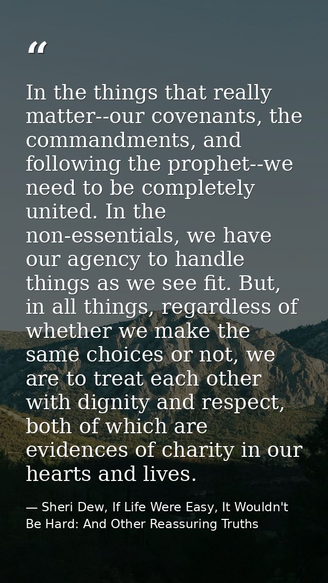 In the things that really matter--our covenants, the commandments, and following the prophet--we need to be completely u — Sheri Dew, If Life Were Easy, It Wouldn't Be Hard: And Other Reassuring Truths