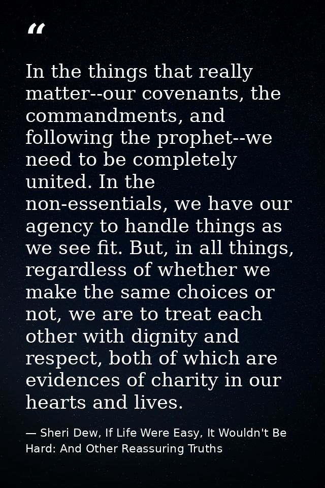 In the things that really matter--our covenants, the commandments, and following the prophet--we need to be completely u — Sheri Dew, If Life Were Easy, It Wouldn't Be Hard: And Other Reassuring Truths