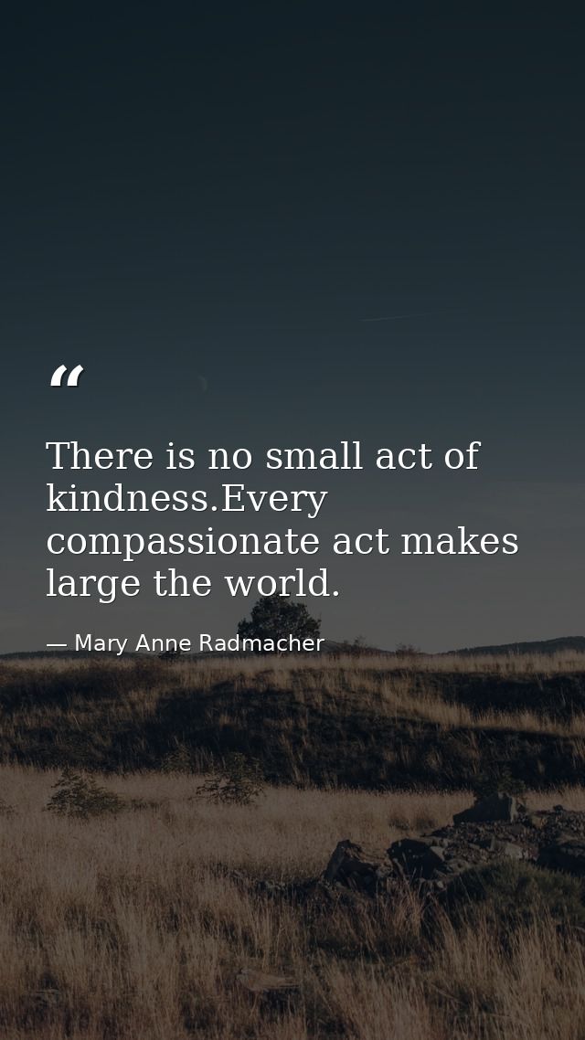 There is no small act of kindness.Every compassionate act makes large the world. — Mary Anne Radmacher