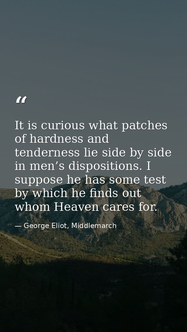 It is curious what patches of hardness and tenderness lie side by side in men’s dispositions. I suppose he has some test — George Eliot, Middlemarch