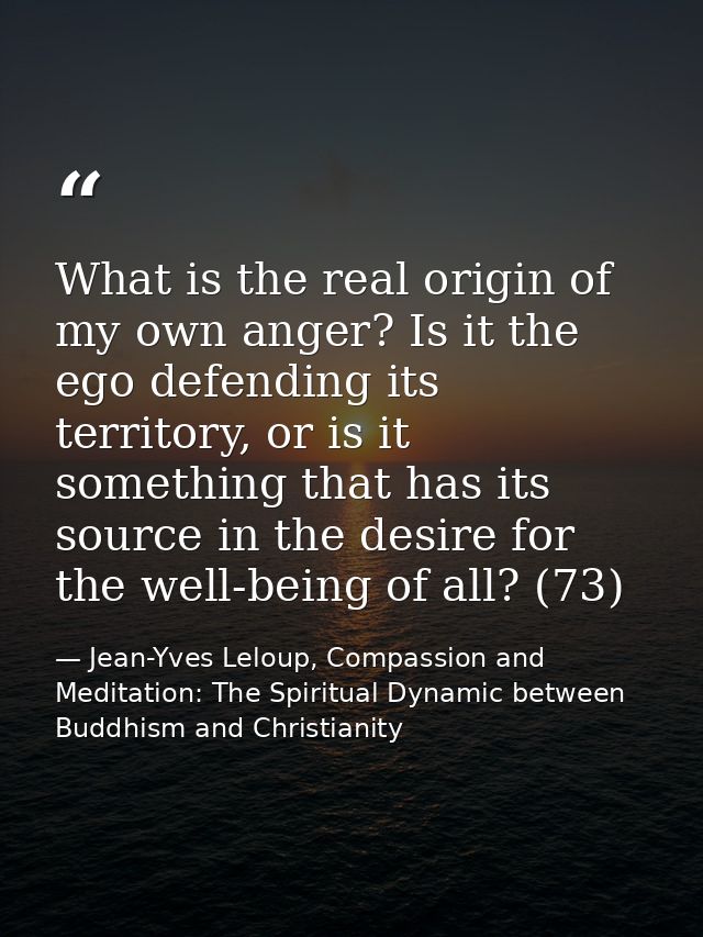 What is the real origin of my own anger? Is it the ego defending its territory, or is it something that has its source i — Jean-Yves Leloup, Compassion and Meditation: The Spiritual Dynamic between Buddhism and Christianity