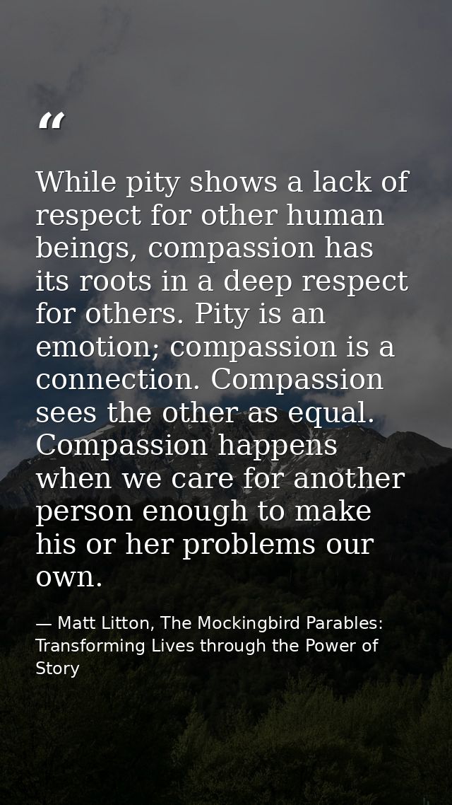 While pity shows a lack of respect for other human beings, compassion has its roots in a deep respect for others. Pity i — Matt Litton, The Mockingbird Parables: Transforming Lives through the Power of Story