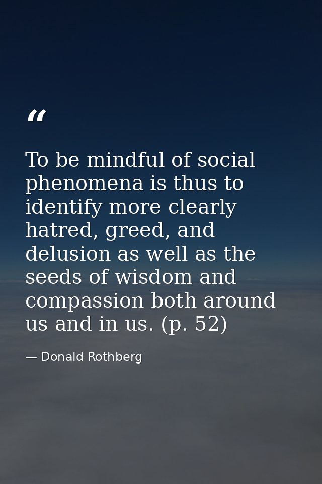 To be mindful of social phenomena is thus to identify more clearly hatred, greed, and delusion as well as the seeds of w — Donald Rothberg