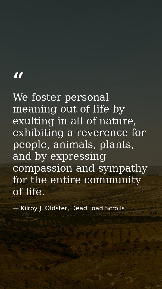 We foster personal meaning out of life by exulting in all of nature, exhibiting a reverence for people, animals, plants, — Kilroy J. Oldster, Dead Toad Scrolls