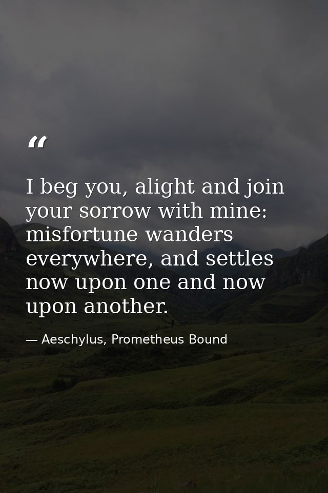 I beg you, alight and join your sorrow with mine: misfortune wanders everywhere, and settles now upon one and now upon a — Aeschylus, Prometheus Bound