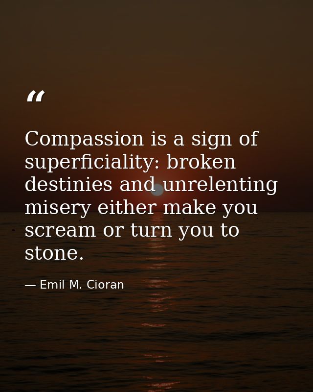 Compassion is a sign of superficiality: broken destinies and unrelenting misery either make you scream or turn you to st — Emil M. Cioran