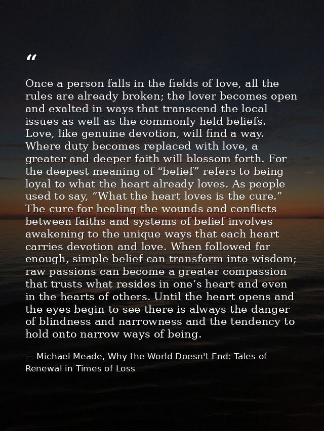 Once a person falls in the fields of love, all the rules are already broken; the lover becomes open and exalted in ways  — Michael Meade, Why the World Doesn't End: Tales of Renewal in Times of Loss