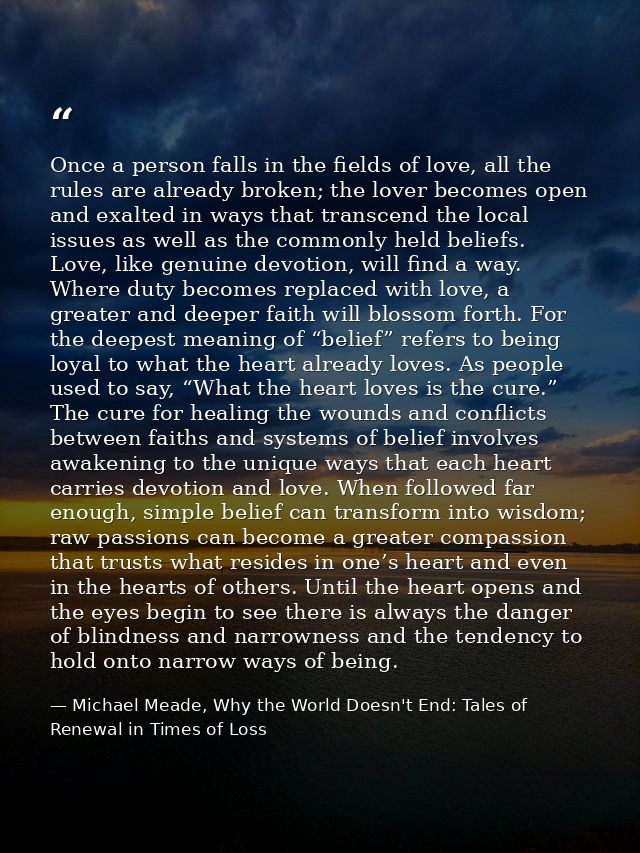 Once a person falls in the fields of love, all the rules are already broken; the lover becomes open and exalted in ways  — Michael Meade, Why the World Doesn't End: Tales of Renewal in Times of Loss