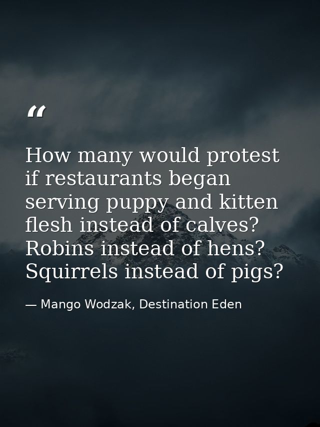How many would protest if restaurants began serving puppy and kitten flesh instead of calves? Robins instead of hens? Sq — Mango Wodzak, Destination Eden