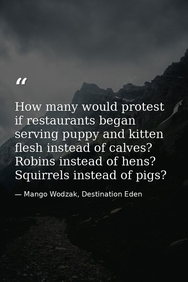 How many would protest if restaurants began serving puppy and kitten flesh instead of calves? Robins instead of hens? Sq — Mango Wodzak, Destination Eden