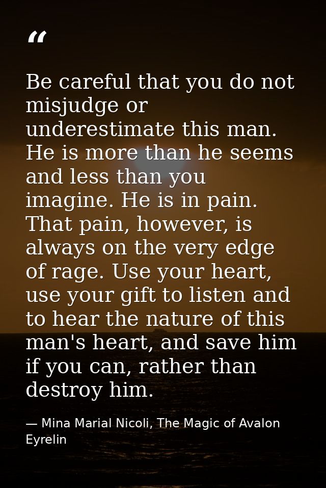 Be careful that you do not misjudge or underestimate this man. He is more than he seems and less than you imagine. He is — Mina Marial Nicoli, The Magic of Avalon Eyrelin