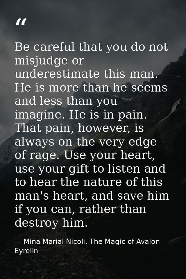 Be careful that you do not misjudge or underestimate this man. He is more than he seems and less than you imagine. He is — Mina Marial Nicoli, The Magic of Avalon Eyrelin