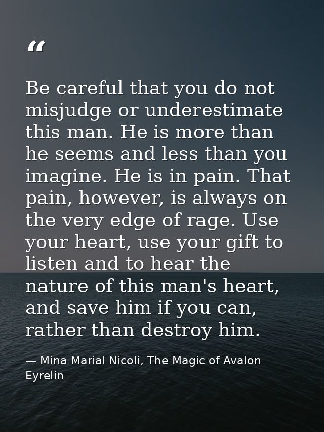 Be careful that you do not misjudge or underestimate this man. He is more than he seems and less than you imagine. He is — Mina Marial Nicoli, The Magic of Avalon Eyrelin
