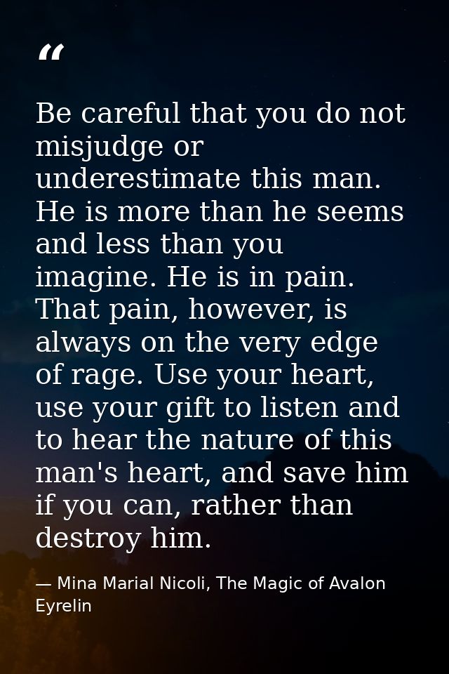 Be careful that you do not misjudge or underestimate this man. He is more than he seems and less than you imagine. He is — Mina Marial Nicoli, The Magic of Avalon Eyrelin