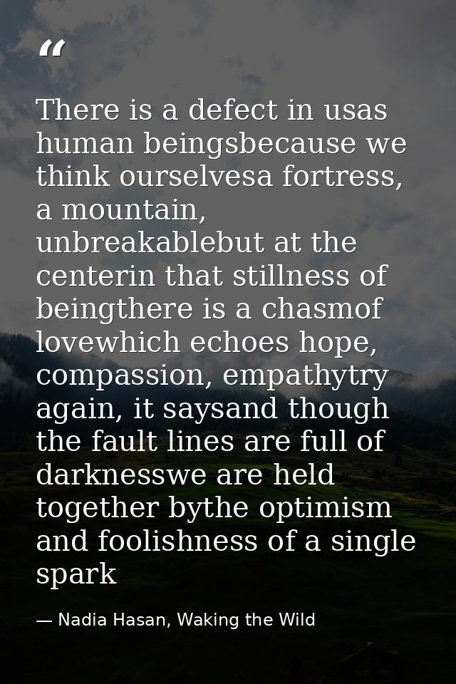There is a defect in usas human beingsbecause we think ourselvesa fortress, a mountain, unbreakablebut at the centerin t — Nadia Hasan, Waking the Wild
