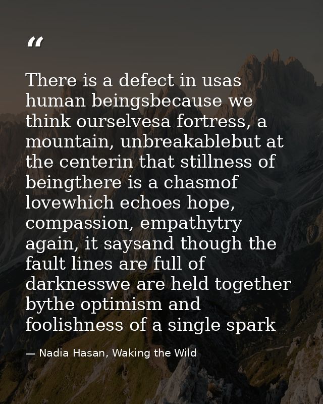 There is a defect in usas human beingsbecause we think ourselvesa fortress, a mountain, unbreakablebut at the centerin t — Nadia Hasan, Waking the Wild
