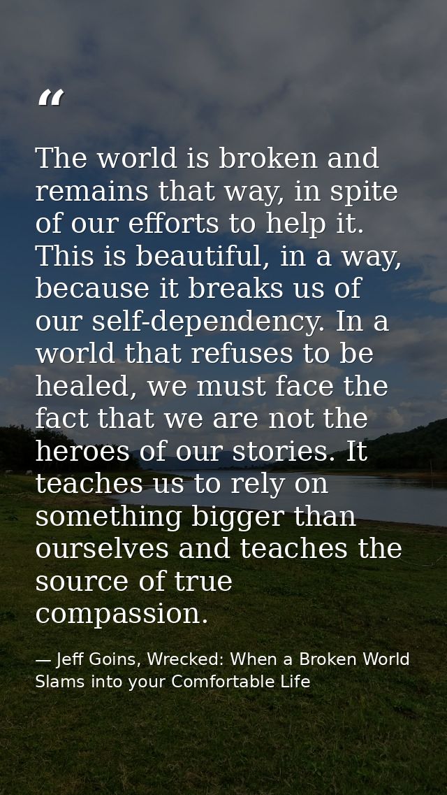 The world is broken and remains that way, in spite of our efforts to help it. This is beautiful, in a way, because it br — Jeff Goins, Wrecked: When a Broken World Slams into your Comfortable Life