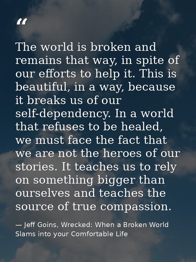 The world is broken and remains that way, in spite of our efforts to help it. This is beautiful, in a way, because it br — Jeff Goins, Wrecked: When a Broken World Slams into your Comfortable Life