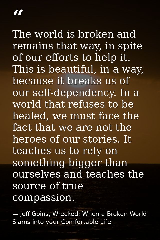 The world is broken and remains that way, in spite of our efforts to help it. This is beautiful, in a way, because it br — Jeff Goins, Wrecked: When a Broken World Slams into your Comfortable Life