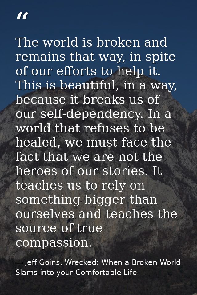 The world is broken and remains that way, in spite of our efforts to help it. This is beautiful, in a way, because it br — Jeff Goins, Wrecked: When a Broken World Slams into your Comfortable Life