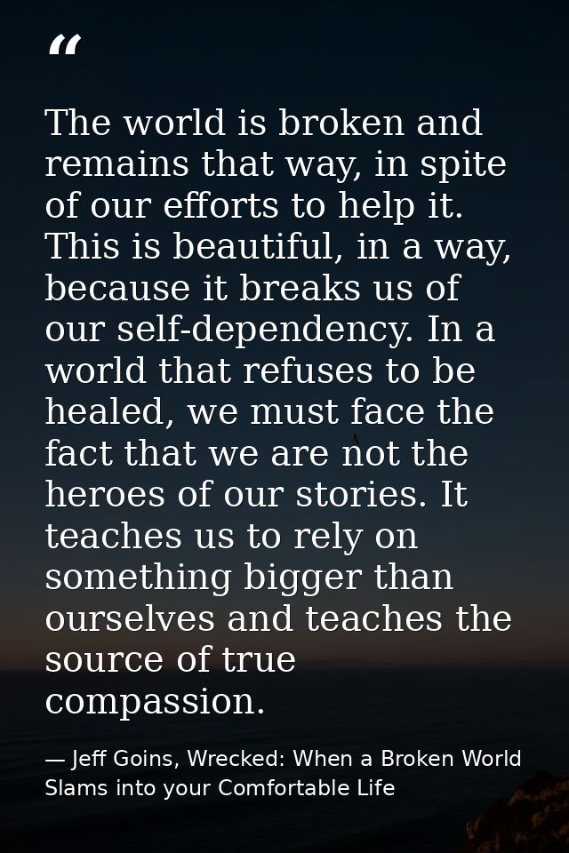 The world is broken and remains that way, in spite of our efforts to help it. This is beautiful, in a way, because it br — Jeff Goins, Wrecked: When a Broken World Slams into your Comfortable Life