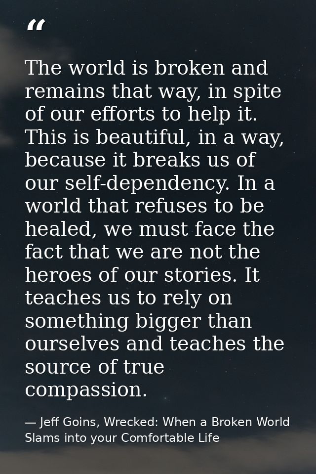 The world is broken and remains that way, in spite of our efforts to help it. This is beautiful, in a way, because it br — Jeff Goins, Wrecked: When a Broken World Slams into your Comfortable Life
