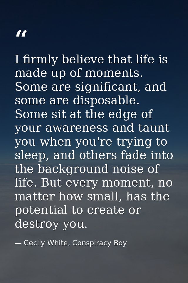 I firmly believe that life is made up of moments. Some are significant, and some are disposable. Some sit at the edge of — Cecily White, Conspiracy Boy