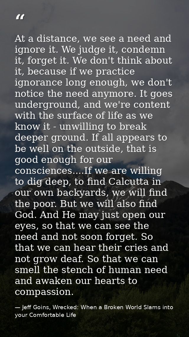At a distance, we see a need and ignore it. We judge it, condemn it, forget it. We don't think about it, because if we p — Jeff Goins, Wrecked: When a Broken World Slams into your Comfortable Life