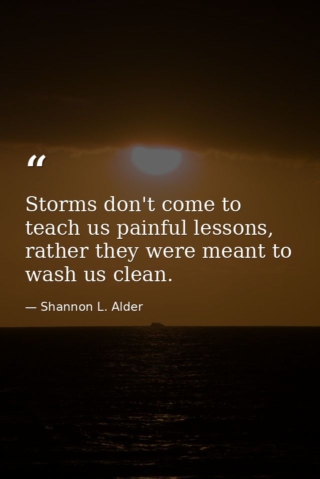Storms don't come to teach us painful lessons, rather they were meant to wash us clean. — Shannon L. Alder