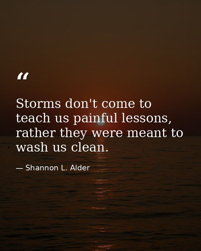 Storms don't come to teach us painful lessons, rather they were meant to wash us clean. — Shannon L. Alder