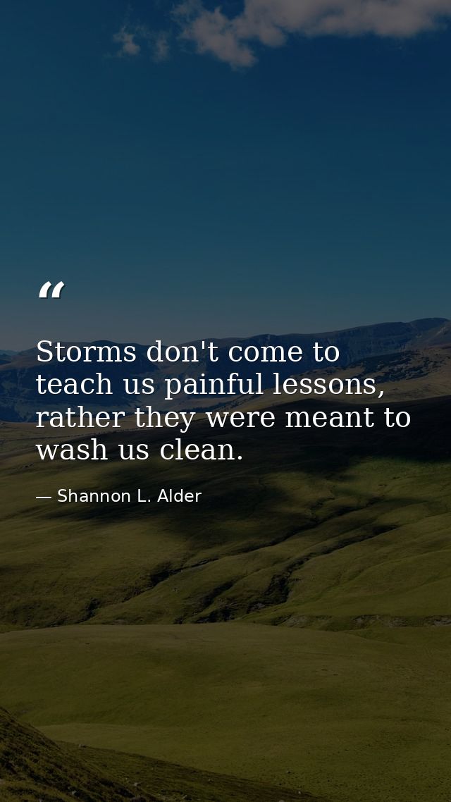 Storms don't come to teach us painful lessons, rather they were meant to wash us clean. — Shannon L. Alder
