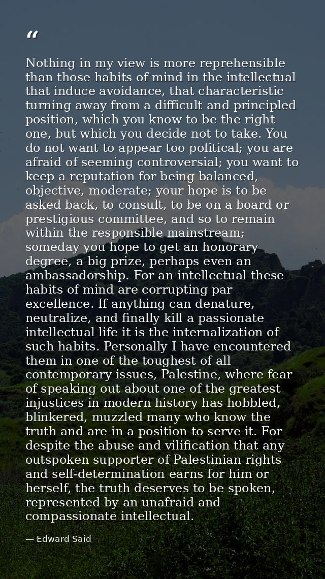 Nothing in my view is more reprehensible than those habits of mind in the intellectual that induce avoidance, that chara — Edward Said