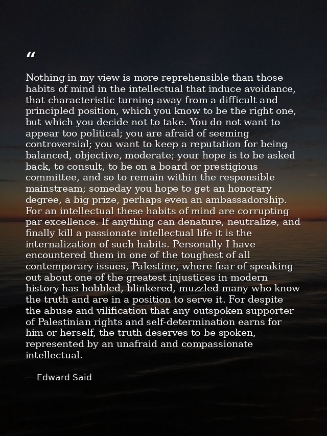 Nothing in my view is more reprehensible than those habits of mind in the intellectual that induce avoidance, that chara — Edward Said