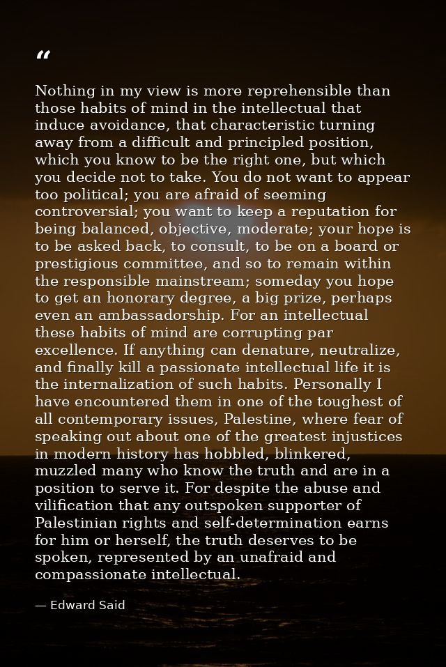 Nothing in my view is more reprehensible than those habits of mind in the intellectual that induce avoidance, that chara — Edward Said