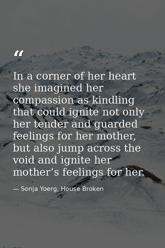 In a corner of her heart she imagined her compassion as kindling that could ignite not only her tender and guarded feeli — Sonja Yoerg, House Broken