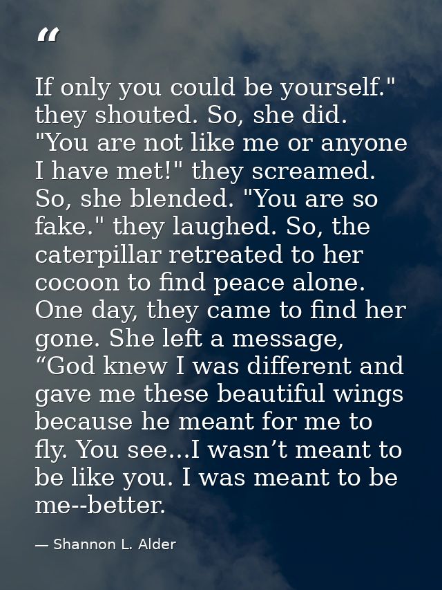 If only you could be yourself." they shouted. So, she did. "You are not like me or anyone I have met!" they screamed. So — Shannon L. Alder