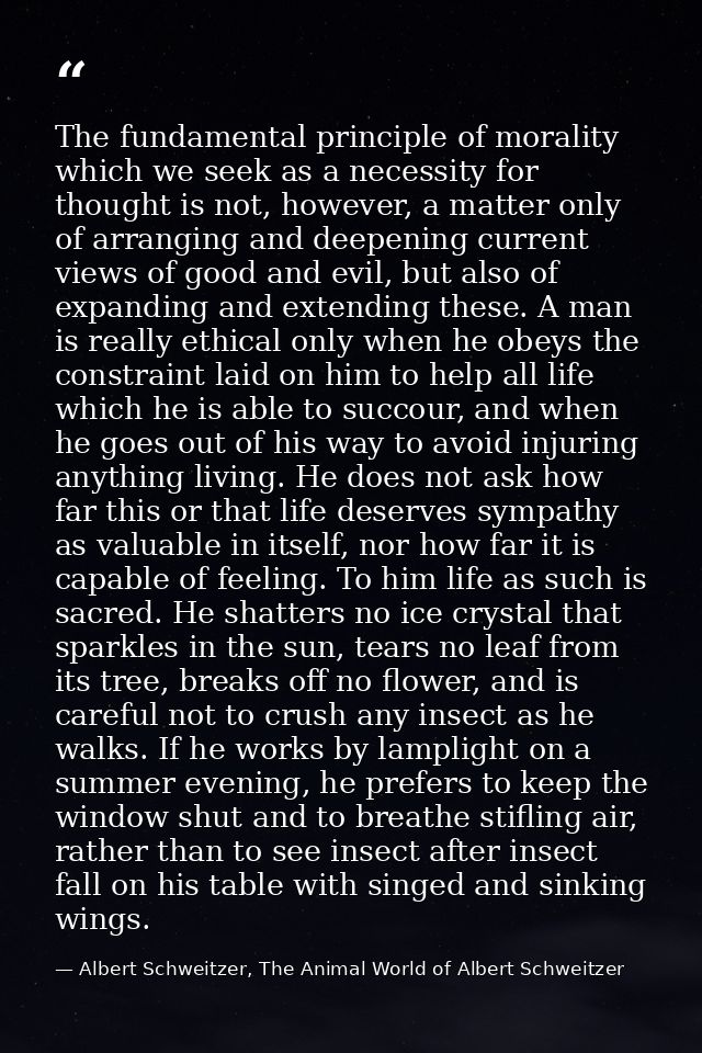 The fundamental principle of morality which we seek as a necessity for thought is not, however, a matter only of arrangi — Albert Schweitzer, The Animal World of Albert Schweitzer
