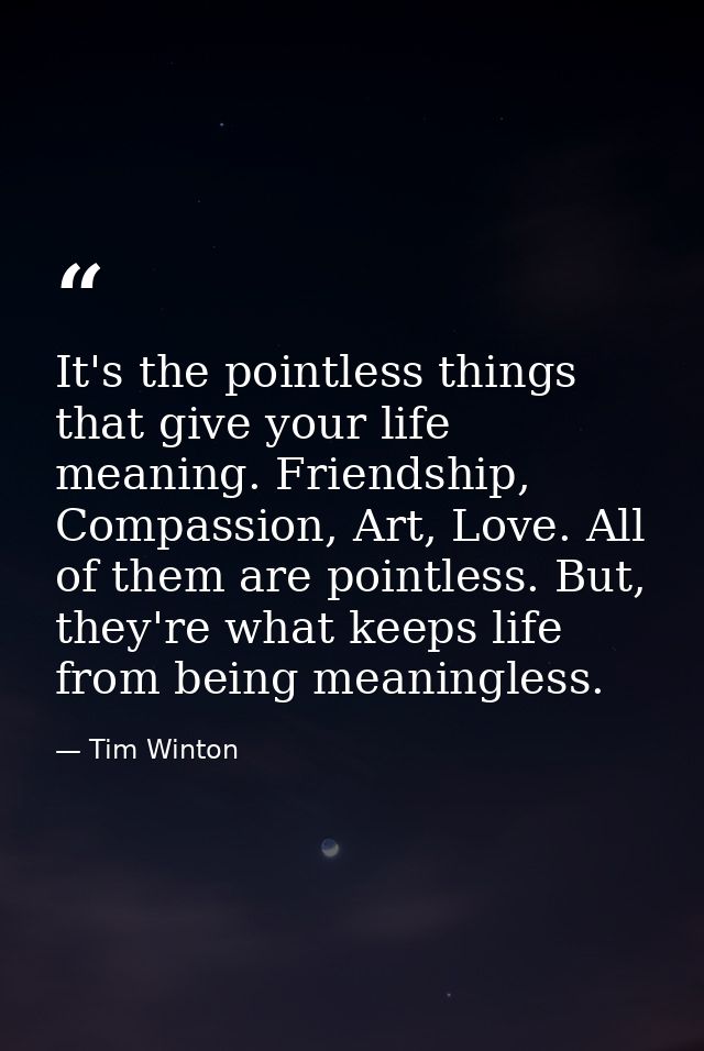It's the pointless things that give your life meaning. Friendship, Compassion, Art, Love. All of them are pointless. But — Tim Winton