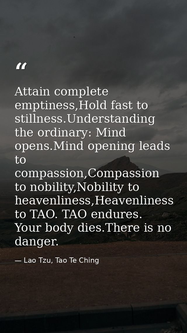 Attain complete emptiness,Hold fast to stillness.Understanding the ordinary: Mind opens.Mind opening leads to compassion — Lao Tzu, Tao Te Ching