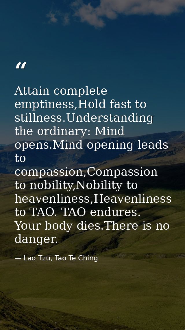 Attain complete emptiness,Hold fast to stillness.Understanding the ordinary: Mind opens.Mind opening leads to compassion — Lao Tzu, Tao Te Ching