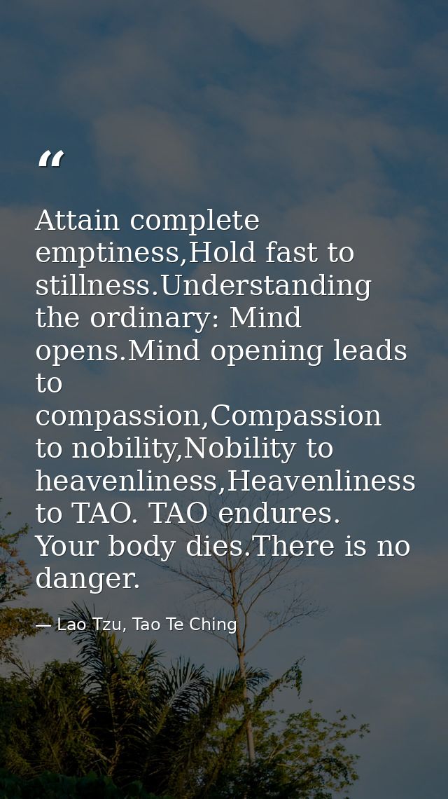 Attain complete emptiness,Hold fast to stillness.Understanding the ordinary: Mind opens.Mind opening leads to compassion — Lao Tzu, Tao Te Ching