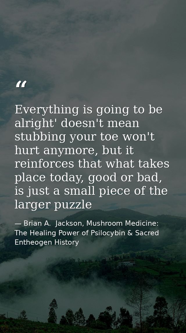 Everything is going to be alright' doesn't mean stubbing your toe won't hurt anymore, but it reinforces that what takes  — Brian A.  Jackson, Mushroom Medicine: The Healing Power of Psilocybin & Sacred Entheogen History
