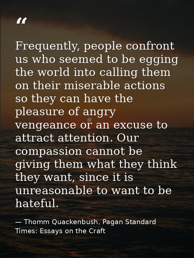 Frequently, people confront us who seemed to be egging the world into calling them on their miserable actions so they ca — Thomm Quackenbush, Pagan Standard Times: Essays on the Craft