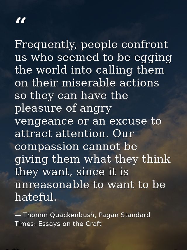 Frequently, people confront us who seemed to be egging the world into calling them on their miserable actions so they ca — Thomm Quackenbush, Pagan Standard Times: Essays on the Craft