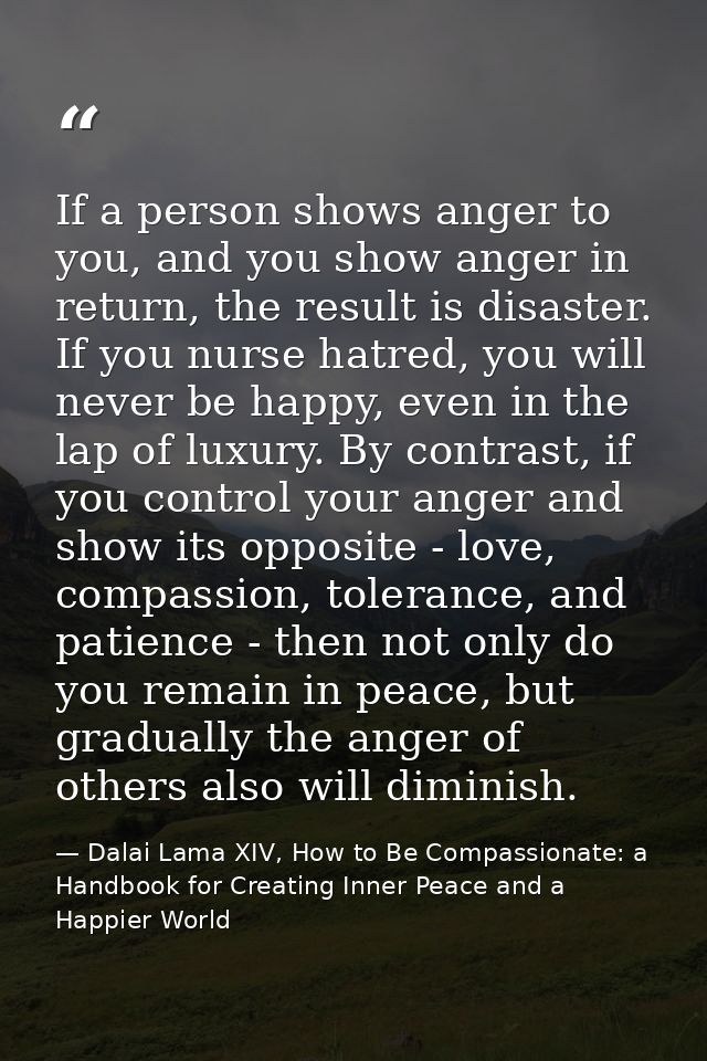 If a person shows anger to you, and you show anger in return, the result is disaster. If you nurse hatred, you will neve — Dalai Lama XIV, How to Be Compassionate: a Handbook for Creating Inner Peace and a Happier World